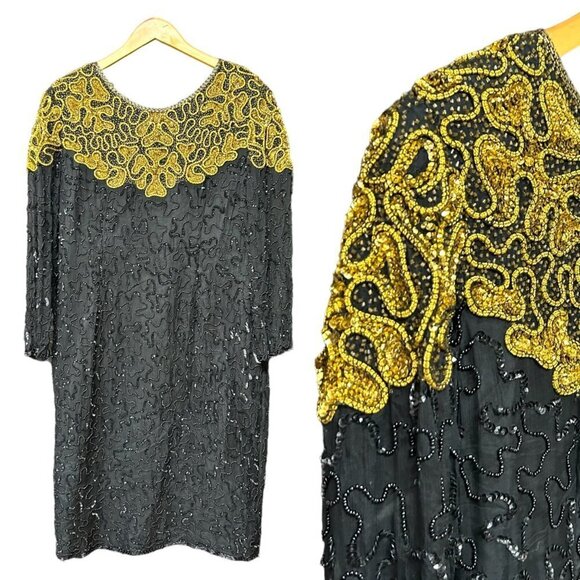 Roamans Womens Vintage Midi Dress Size A6 Gold, Black Silk Sequin